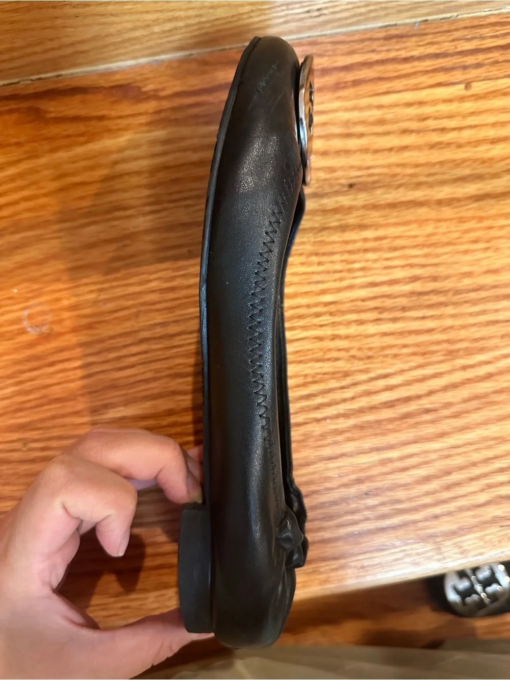 Tory Burch Black Leather Logo Ballet Flats with Silver Emblem